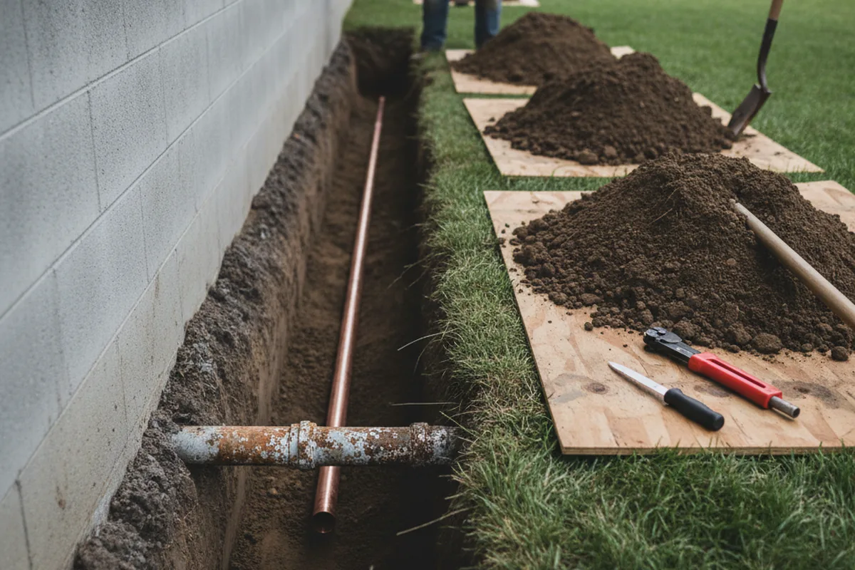 Excavated water line trench during Sewer Line Repair in Wellpinit